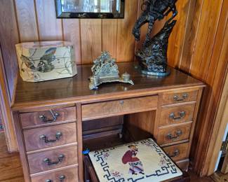 Vintage wood desk, antique Asian hand painted 3 chamber wood poem box