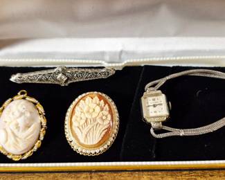Antique 10 k ,14k gold cameos, 14k white filigree  diamond brooch, vintage gold diamond ladies watch 