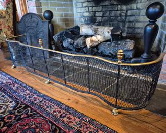 Large Virginia Metalcrafters Fireplace Fender 63" x 13" and Cast Iron Fireback Coat of Arms 