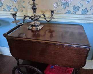 Antique wood bar cart, Reed and Barton candelabra 