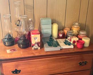 Dresser, Candles, and Oil Lamps