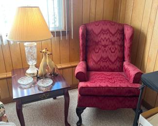 Red Vintage Chair, End Table, and Lamp