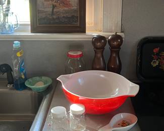 Kitchen items including beautiful red Pyrex bowl