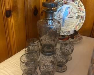 vintage Saint Graal glass silver overlay decanter and glasses