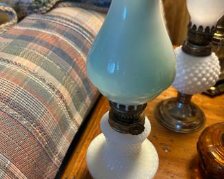 hobnail milk glass oil lamp with aqua shade