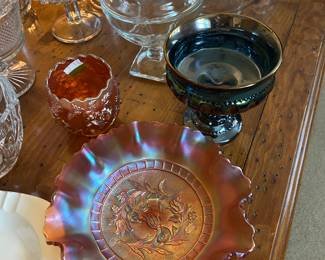 Dugan Windflower Carnival Glass bowl, Indiana Glass Carnival blue candy dish