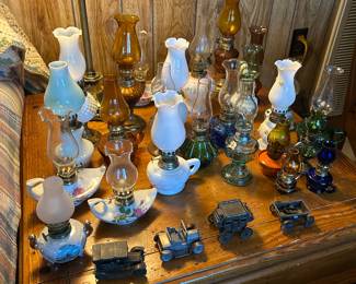 large collection of oil lamps- all have wicks, collection of metal pencil sharpeners