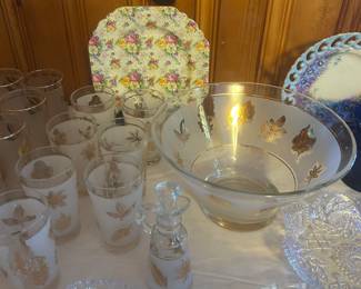 Libbey Glass Golden Foliage chip bowl and glasses