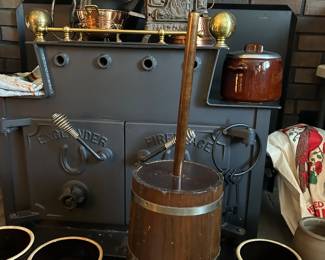 brown and white crocks, butter churn------stove is not for sale