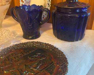 Cobalt glass, vintage Fenton Carnival glass dish