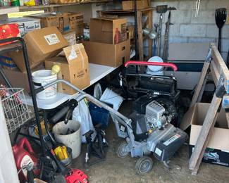 peach baskets, canning jars, garden tiller, Troy-bilt push mower