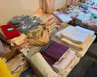 Store bought and hand made linens queen sheets