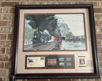 Beautiful large framed train art stamps b&o