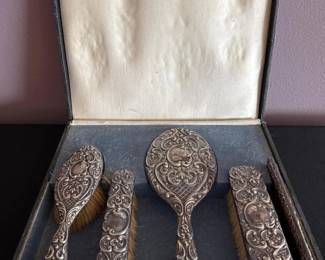 Antique Silver-Plated Vanity Brush & Mirror Set in Original Case