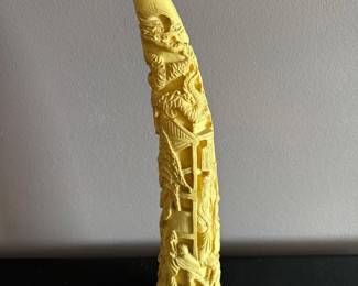 Carved Faux Ivory Resin Tusk – Asian Dragon & Pagoda Scene, 17" Tall
