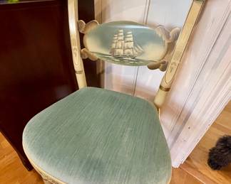 Antique Velvet chair with painted Clipper Ship motif 