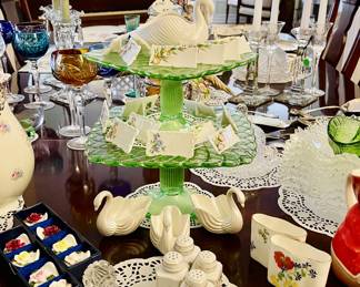 (2) LE Smith Trellis Green Glass Square  Pedestal Cake Stands 
Porcelain Swans and Salt Pepper shakers 
Crystal Knife rests 
