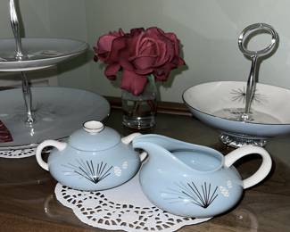 Franciscan "Silver Pine" Complete China 
Creamer Sugar Nut Dish 2 Tier Canapé server 