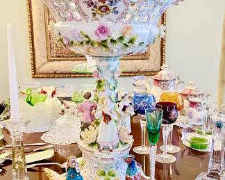 Antique Meissen School Floral Porcelain Centerpiece with Figures 
Measures- 18.25"H x 13.75"W x 13.75"D