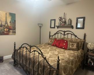 Lamp, side table, bedspread and decor