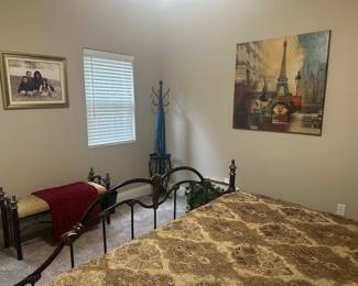 Bench, print, bedspread, pillows and matching decor