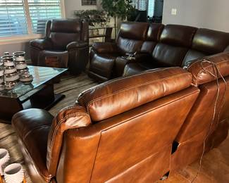 Huge brown leather sectional couch