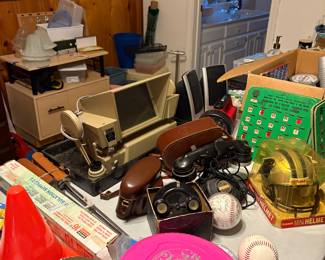 Vintage cameras, view master, film editor.