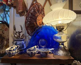 Blue Willow Tea Cups, Silverware Caddy, Blue Glass art piece, White Oil Lamp (pair available)