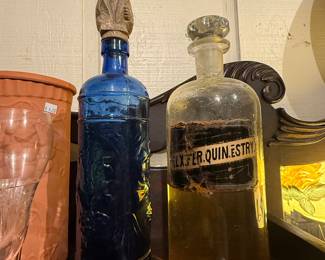 Antique Apothecary Bottle, Blue Bottle, Carved Bottle Stopper