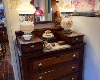 Antique Marble Top Dresser, Floral Hurricane Lamps