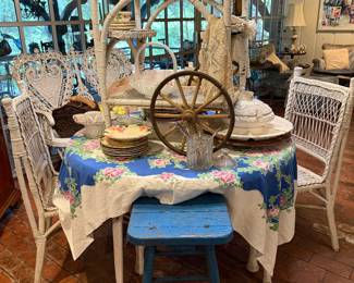 Wicker Table, Tea Cart, Blue Stool
