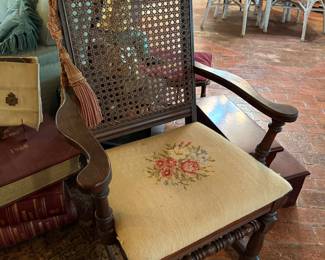Antique Chair with Cane Back & Needlepoint Chair