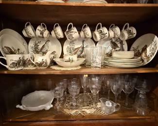 Game Birds by Johnson Brothers (Made in England) Platter not shown, Etched Glasses, Etched Stemware