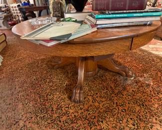 Antique Oak Round Coffee Table with Claw Feet