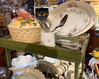 Green Folding Table, China, Silverware, Lobster Casserole or Soup Tureen