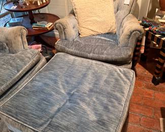 Pair of Upholstered Blue Chairs & Ottoman