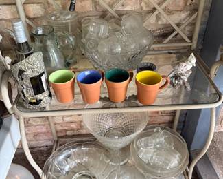 Punch bowls, pitcher, glass bowls, coffee mugs