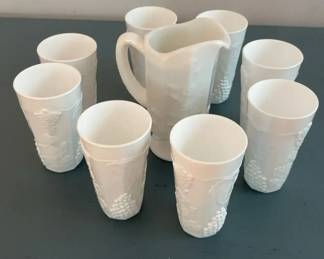 Indiana Milk Glass Harvest Grape Pitcher Glasses