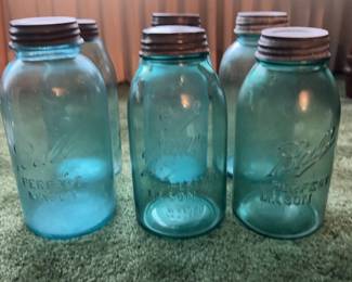 Six Antique Half Gallon Regular Mouth Blue Ball Jars