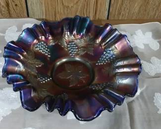 Fenton Cobalt Carnival Glass GrapeandLeaves Ruffled Bowl