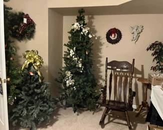 Ethan Allen rocker, Christmas trees, solid oak plant stand, wreaths, Christmas decor, artifical decorative tree.