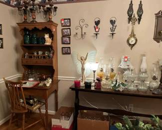 Maple secretary desk with chair 1970's. Vintage Home Interiors items, votive cups in clear and amber! Lamps, pictures, Seymore Mann cat pitcher, vintage coke tray.