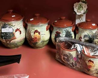 Chicken canister set, coffee mugs that match canister set.