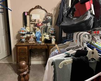 Clothing, antique dresser that goes with bedroom suite, milk Sears 1976 lamps, vintage decor items, vintage wigs