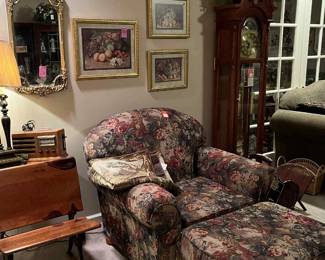 Ashley club chair and ottoman Fruit basket design, Grandfather clock, vintage home interiors, antique school desk, antique replica radio, Ashley lamp, hand carved magazine rack, other magazine racks.