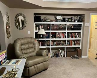 Leather recliner that rocks. Brass floor lamp, vintage home interior items, electronics, book and Time Life book sets, vintage 1950's encyclopedia sets, vintage childrens books, lot's of books about history, reincarnation, health, old west, indians, political, presidents,aliens, etc