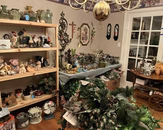 Decor items, maple 1970's tea cart, antique fan and antique oil can, antique irons, greenery, swags, etc