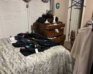 Antique bedroom suite, beautiful comforter set, ladies and mens clothes. Sizes 8-12 misses, 36/30 & 36/32 mens pants, mens shirts size med to large. Leather jackets, jackets, dresses, shoes, sleepware, etc