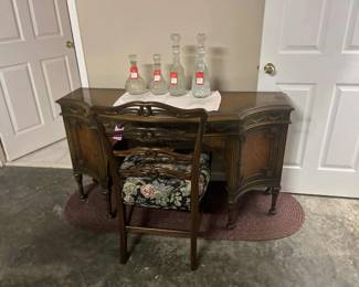 Antique french dresser/vanity with chair. Vintage decanters.