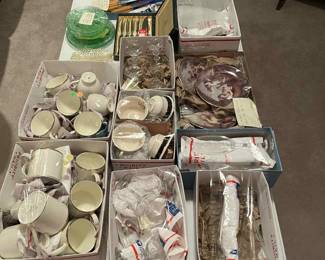 Glassware, wedgewood, vasleine glass, Limoges decorative plate set of 3, vintage bakelite knife sets, lots of good stuff!